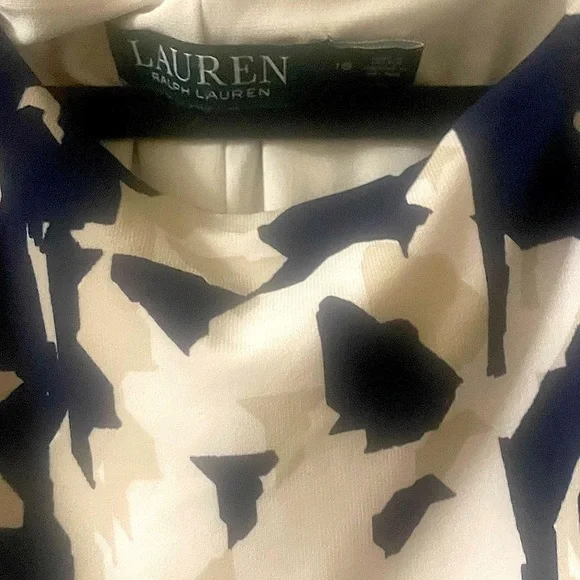 Ralph Lauren Navy & Cream (Size 16) Bateau Sheath Patterned Ruched Office Dress - Picture 15 of 16